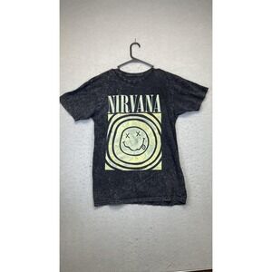 Nirvana Shirt Mens Medium Black Acid‎ Wash Smiley Face Graphic Rock Band Tee